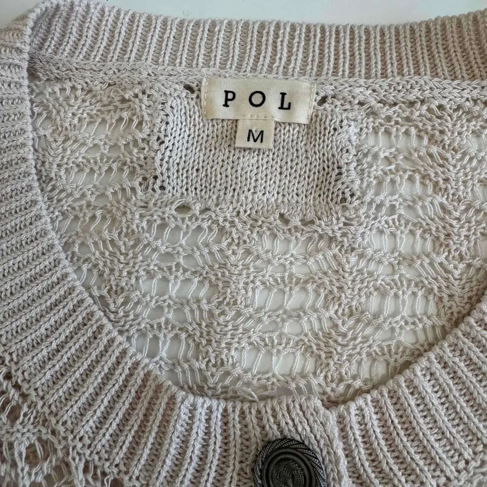 POL Sweater Crocheted Cream‎ Multicolor Embroidered Accents Pullover Size Medium